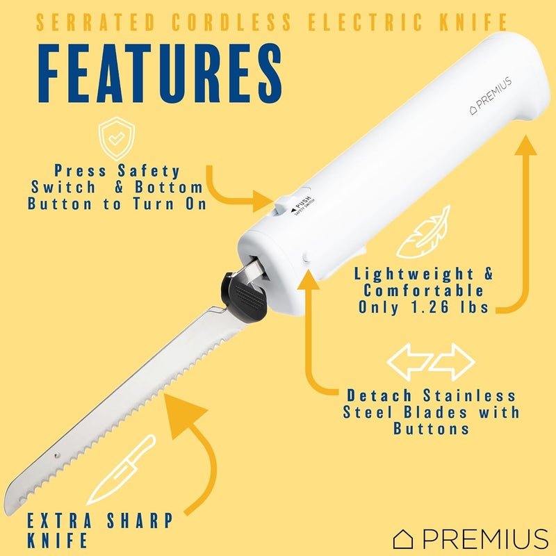PREMIUS Professional Cordless Rechargeable Easy-Slice Electric Knife, Reciprocating Serrated Stainless-Steel Blades, Safety-Lock Trigger Release, Carving Meats, Turkey, Breads, Fruit, Crafting Foam, White - Image 2